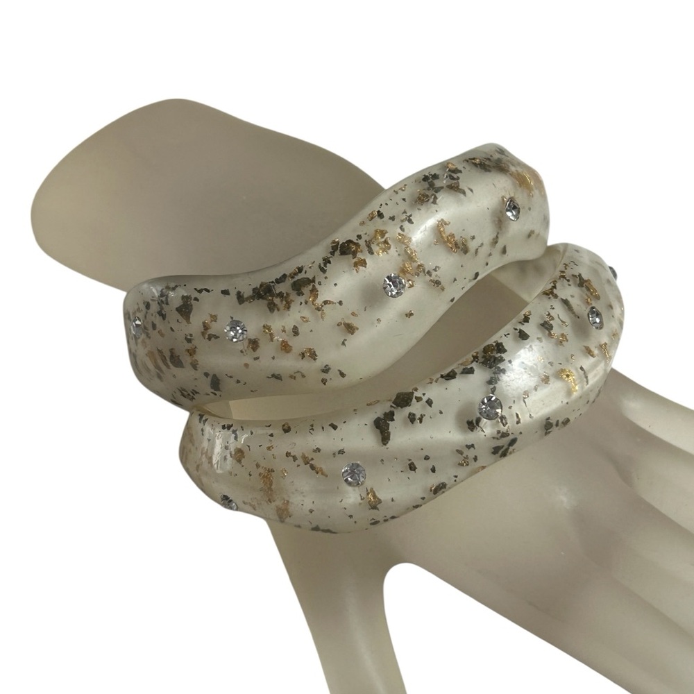 Lucite Acrylic Clear Crystal Rhinestones White 2 Piece Lot Bangle Bracelet Vtg